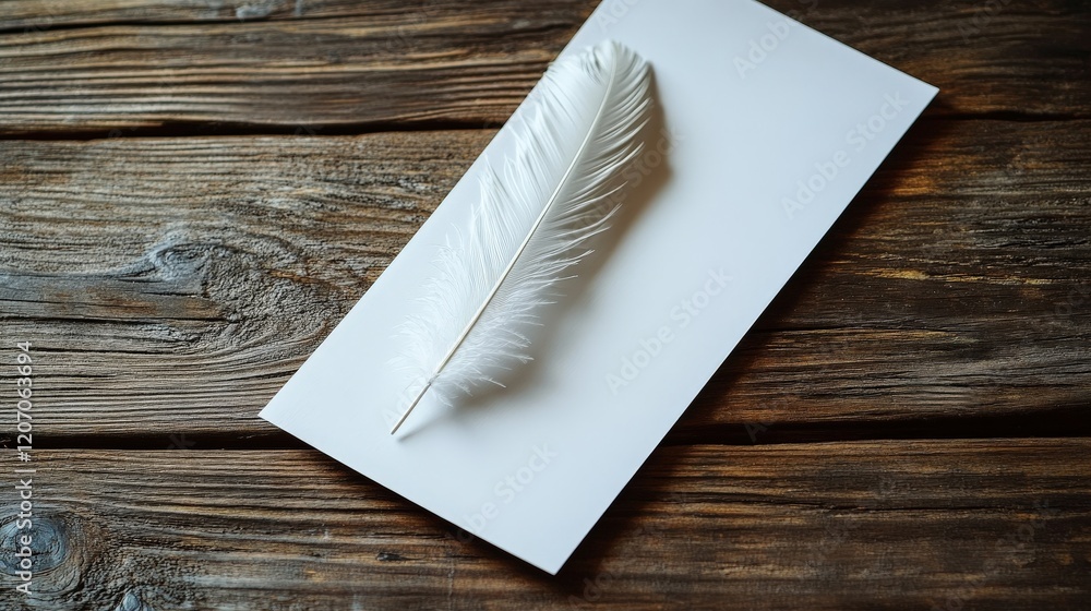 Aufkleber white feather on a blank sheet of paper resting on wooden surface creating a minimalist and serene a