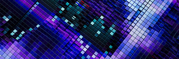 3D render of neon colored cubes in an abstract geometric pattern