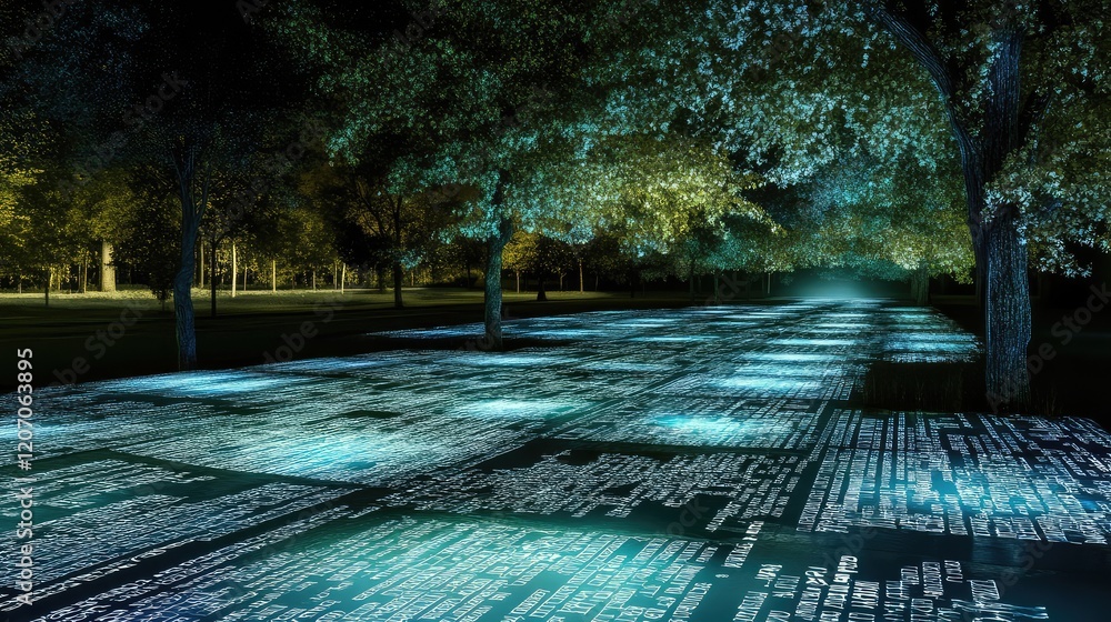 Poster conceptual digital landscape of glowing text inputs transitioning into high-resolution visuals surro