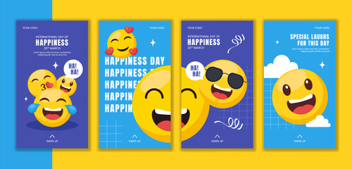 Social Media Stories Illustration for International Happiness Day Featuring Cheerful Faces and Bright Colors