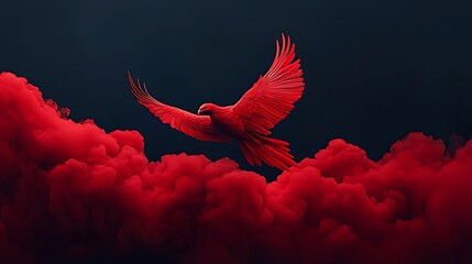 Red bird soaring through red clouds; fantasy art, digital illustration, desktop wallpaper