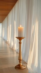 Lit candle on gold stand near sheer curtains.