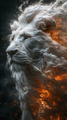 Leo constellation against a nebula, lion made of flame, sparks and smoke.