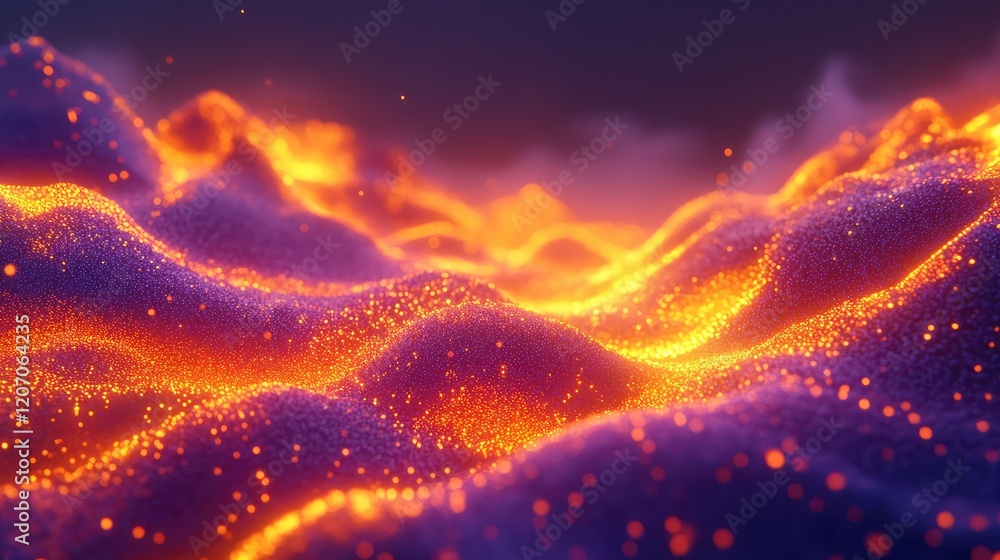 Poster conceptual glowing digital landscape showcasing an ai system converting text prompts into high-resol