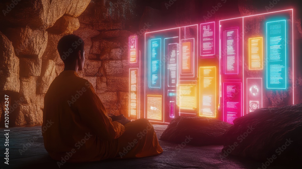 Poster conceptual visualization of glowing text prompts transitioning into holographic images surrounded by