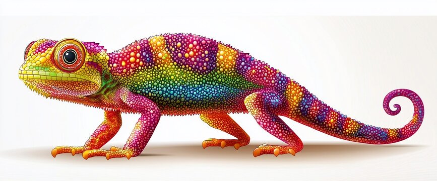 Vibrant rainbow chameleon reptile isolated on white background.