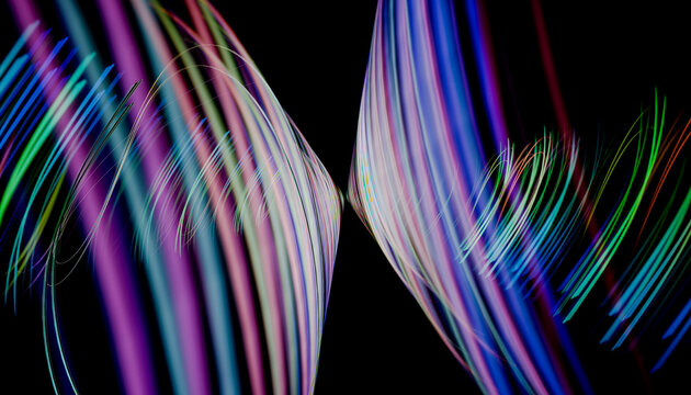 Abstract 3D render of colorful lines on a black background