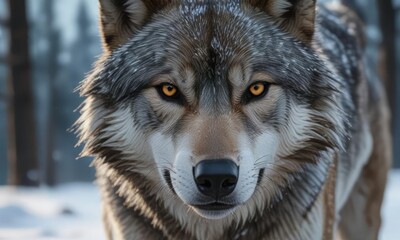 Obraz premium A wolf's snout with icy breath visible in the cold winter air, wildlife photography, snowflakes, wolf snout