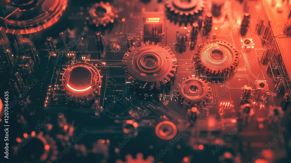 Poster digital automation network with glowing gears, interconnected nodes, and control diagrams on a clean