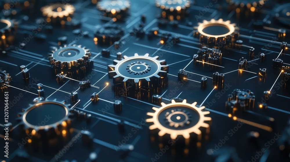 Poster digital automation network with glowing gears, interconnected nodes, and control diagrams on a clean