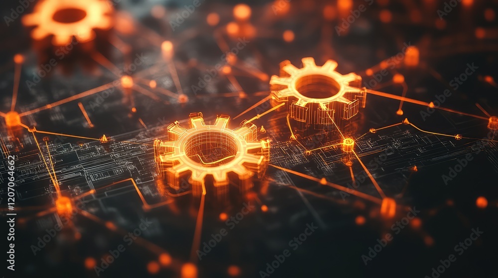 Poster digital automation network with glowing gears, interconnected nodes, and control diagrams on a clean