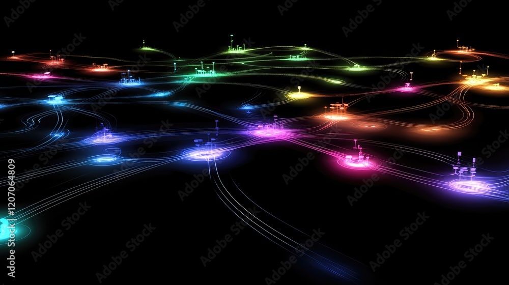 Poster digital ecosystem of glowing nodes and analytics charts connected by light trails, representing big 