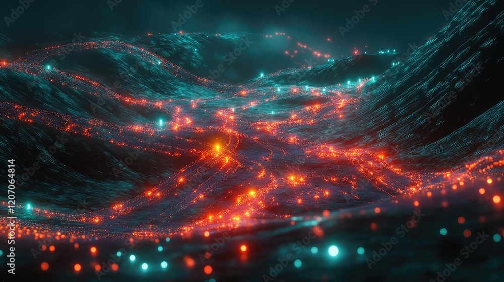 Poster digital ecosystem of glowing nodes and analytics charts connected by light trails, representing big 