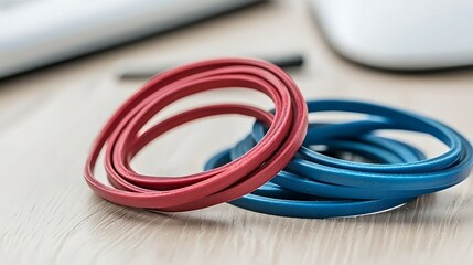 Fototapeta premium Red blue cables desk office workspace design