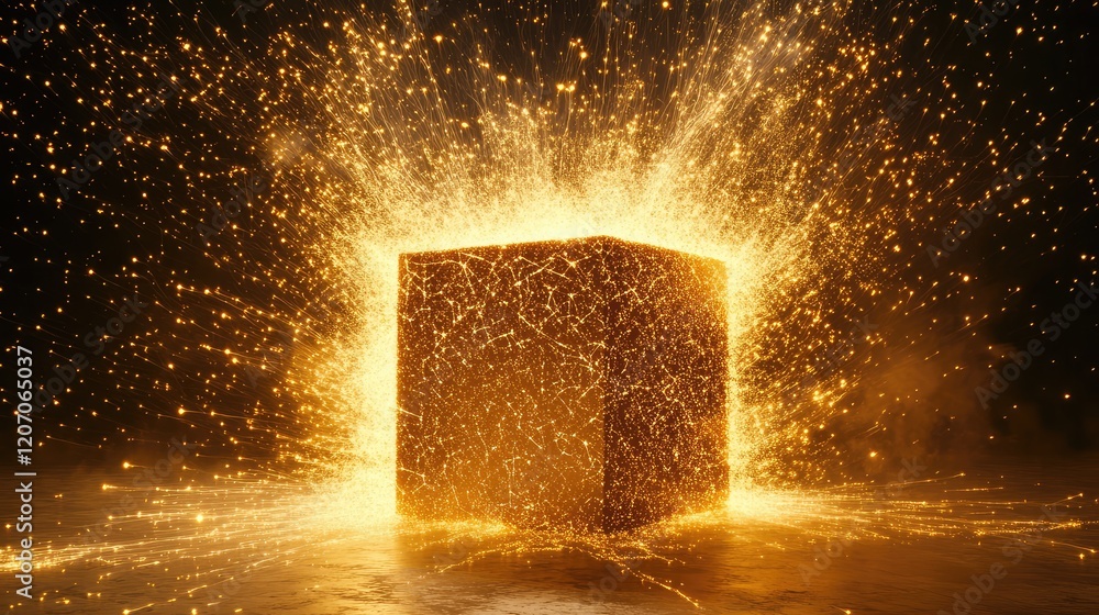 Poster digital holographic ai cube with interconnected glowing patterns, surrounded by abstract light and f