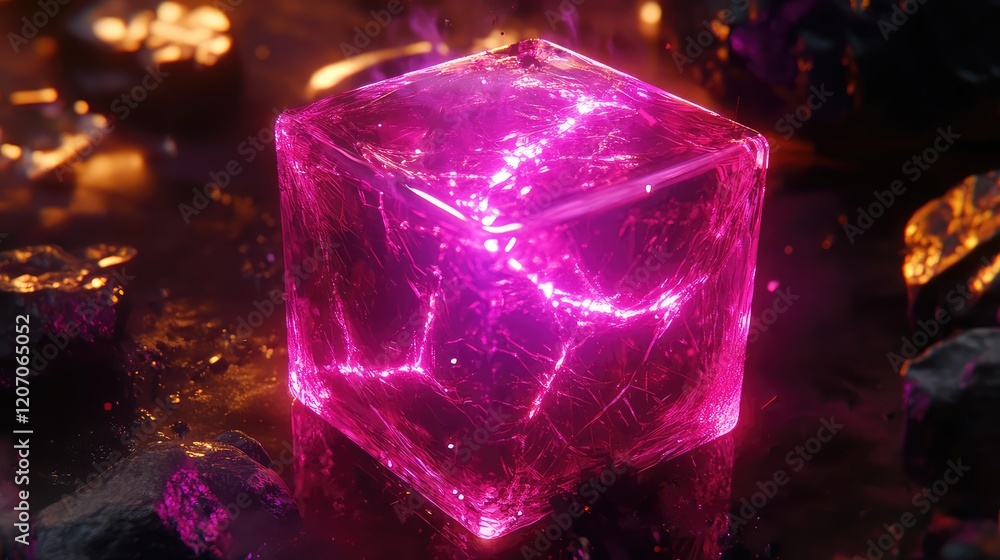 Poster digital holographic ai cube with interconnected glowing patterns, surrounded by abstract light and f