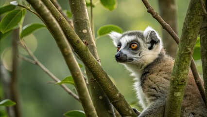 Fototapeta premium A young lemur peers out from behind a branch in the treetops its large eyes taking in the surroundings, branch perching, arboreal animals