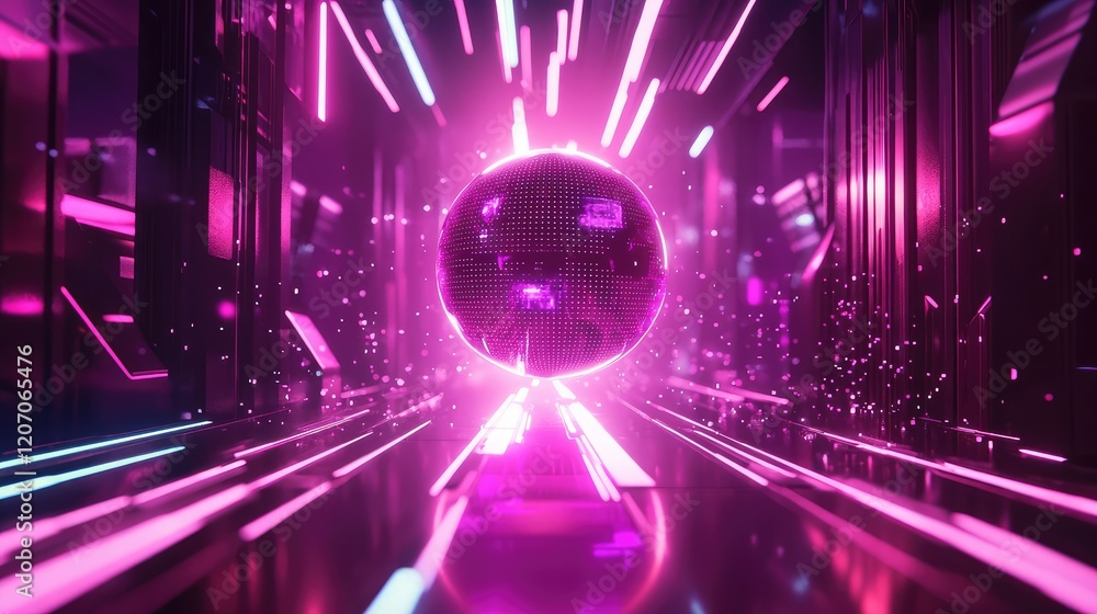 Poster digital holographic ai sphere glowing in vibrant patterns, surrounded by particle effects and futuri