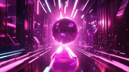 Fototapeta premium Digital holographic AI sphere glowing in vibrant patterns, surrounded by particle effects and futuristic light trails