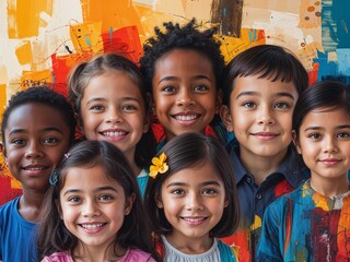 Portrait collage of children with diverse expressions and colorful backgrounds