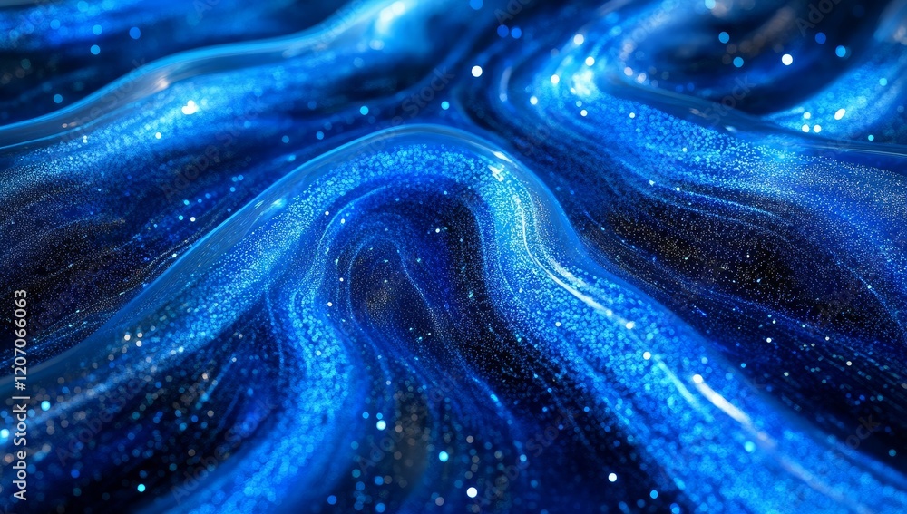 Poster Abstract blue liquid with glittering particles, flowing in wavy patterns.