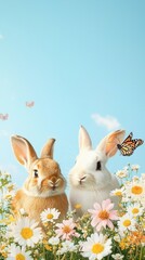 Fototapeta premium World Wildlife Day banner concept with wild animals. Two rabbits amid colorful flowers under a clear blue sky