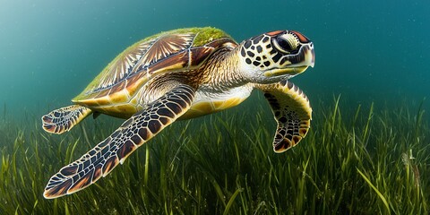 Fototapeta premium World Wildlife Day banner concept with wild animals. Underwater turtle swimming gracefully through seagrass