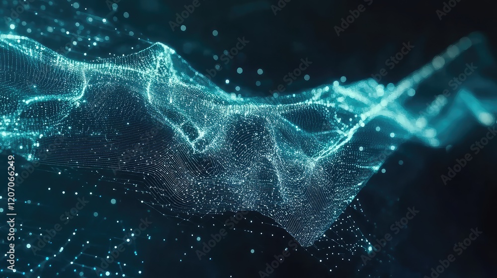 Poster dynamic data wave glowing with analytics patterns and holographic visualizations in a digital enviro