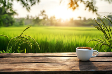 rustic wooden counter featuring a coffee cup, rice plants swaying gently in the breeze, with the sun casting warm glow over golden fields, evoking serene and tranquil rural morning.