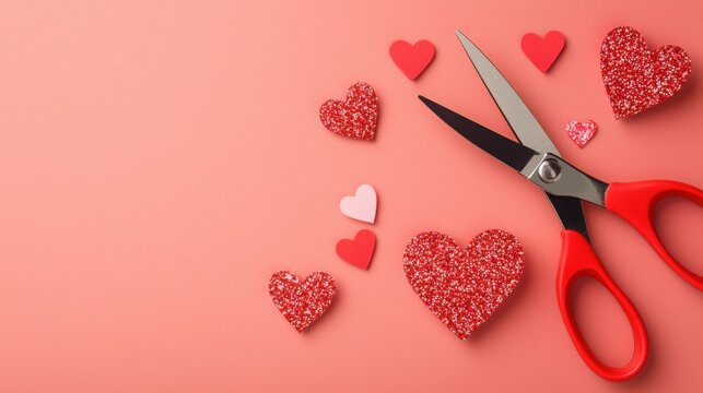A pair of scissors is surrounded by colorful heart-shaped decorations on a soft pink backdrop, ideal for crafting or Valentine's Day themes.