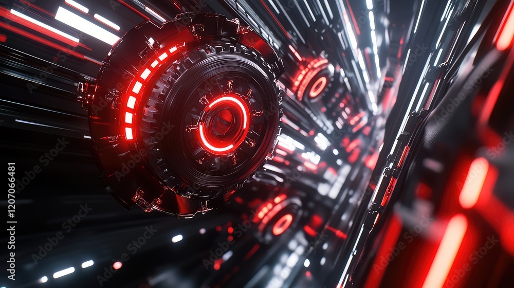 Poster dynamic light trails forming glowing gears and automation system diagrams in a clean digital space