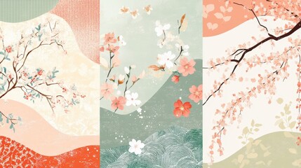 Fototapeta premium Light pastel kimonoinspired patterns with floral and geometric elements, soft and luxurious texture