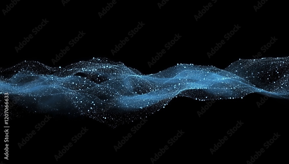 Poster abstract blue particle wave flowing on black background.