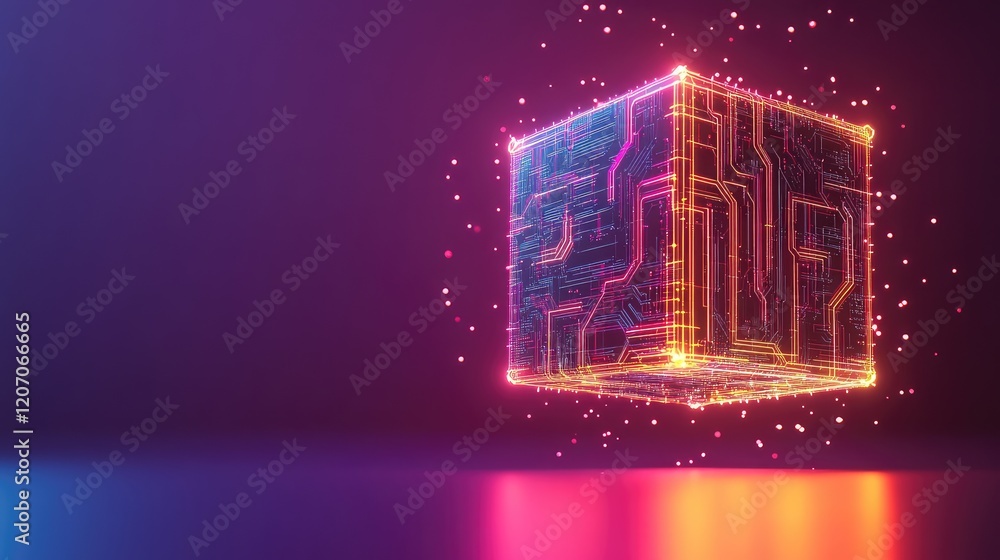 Poster floating d ai cube glowing with circuits, surrounded by particle effects and futuristic gradients on