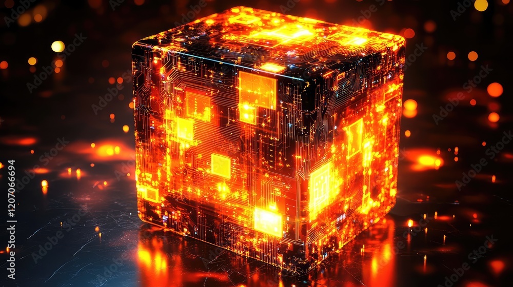 Poster floating d ai cube glowing with circuits, surrounded by particle effects and futuristic gradients on
