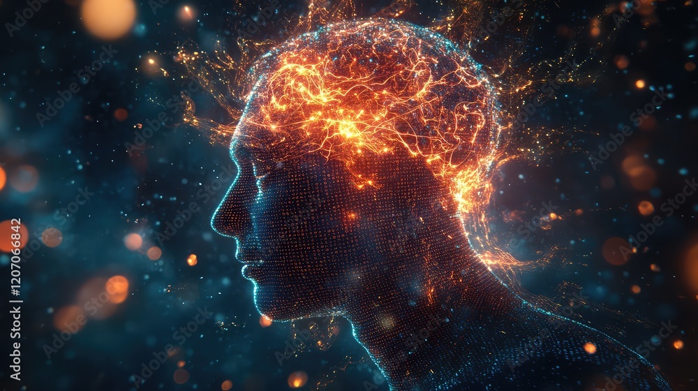 Poster futuristic ai concept with a glowing neural network transforming written text into realistic images,