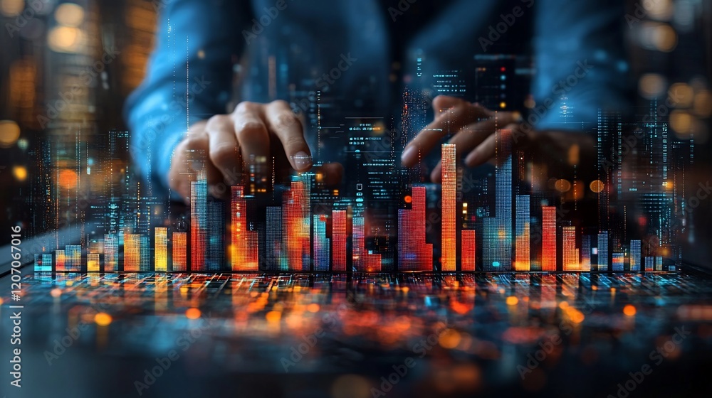 Poster person using a tablet, analyzing data visualized as a city skyline with glowing bar graphs.