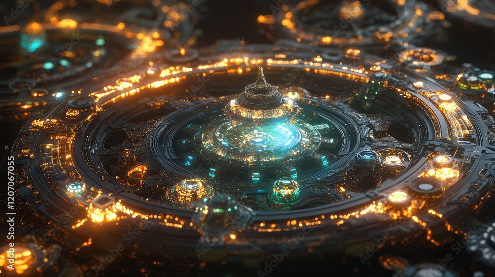 Poster futuristic automation dashboard with glowing gears, control nodes, and dynamic holographic patterns