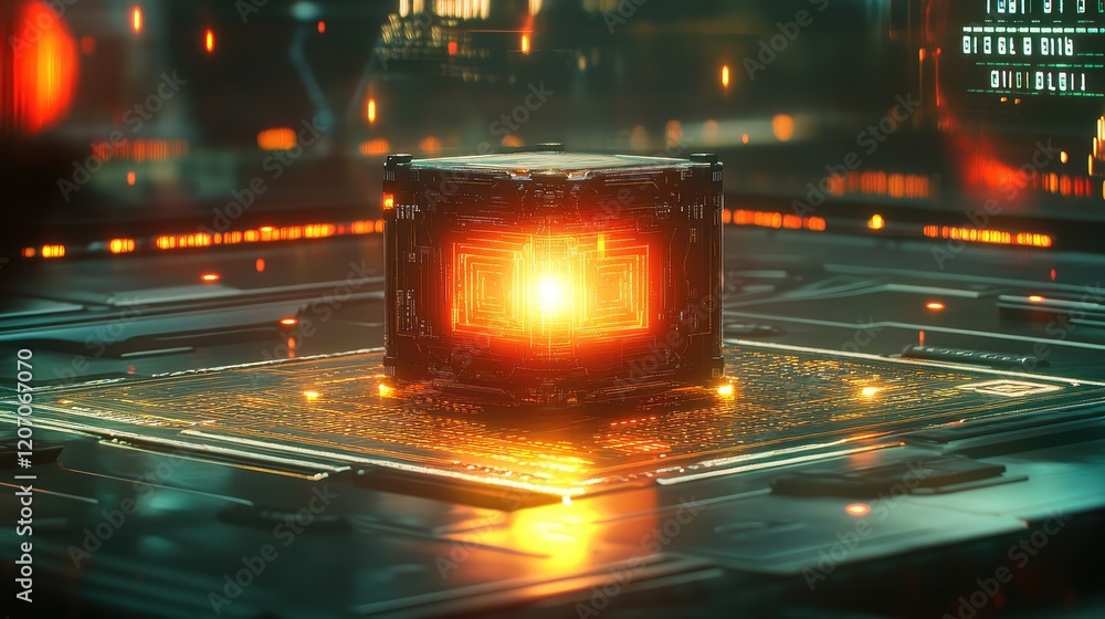 Poster futuristic ai microchip glowing on a sleek metallic surface, surrounded by holographic projections a