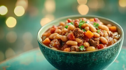 Fototapeta premium Savory beef stew with tender beans and crisp carrots, served in a hearty ceramic bowl against a rustic green backdrop. Perfect for festive gatherings like Thanksgiving.