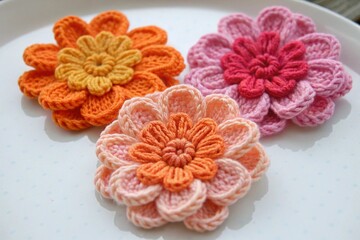 Set/collection of knitted multi-colored flowers. Orange and pink flowers. Isolated on a transparent background