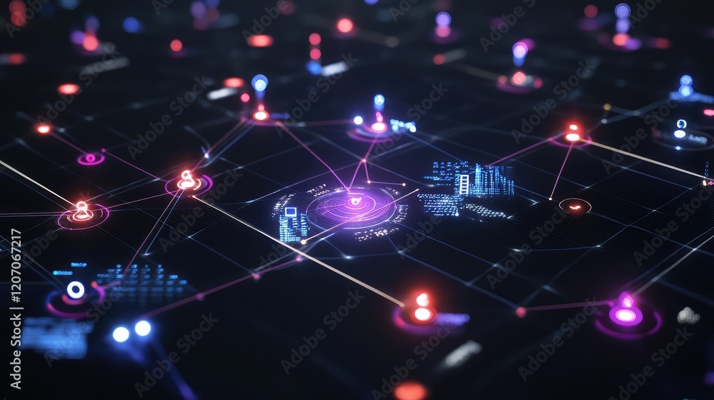 Poster futuristic big data grid with glowing analytics nodes and holographic charts, surrounded by light ef