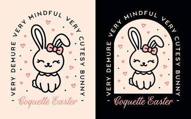Easter bunny coquette aesthetic theme party event printable invitation card funny quotes very demure very mindful. Cute rabbit girly bow pink black preppy retro kawaii illustration decor shirt design.