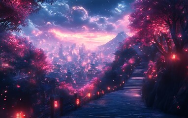 Purple Night Landscape Digital Art Mountain Cityscape