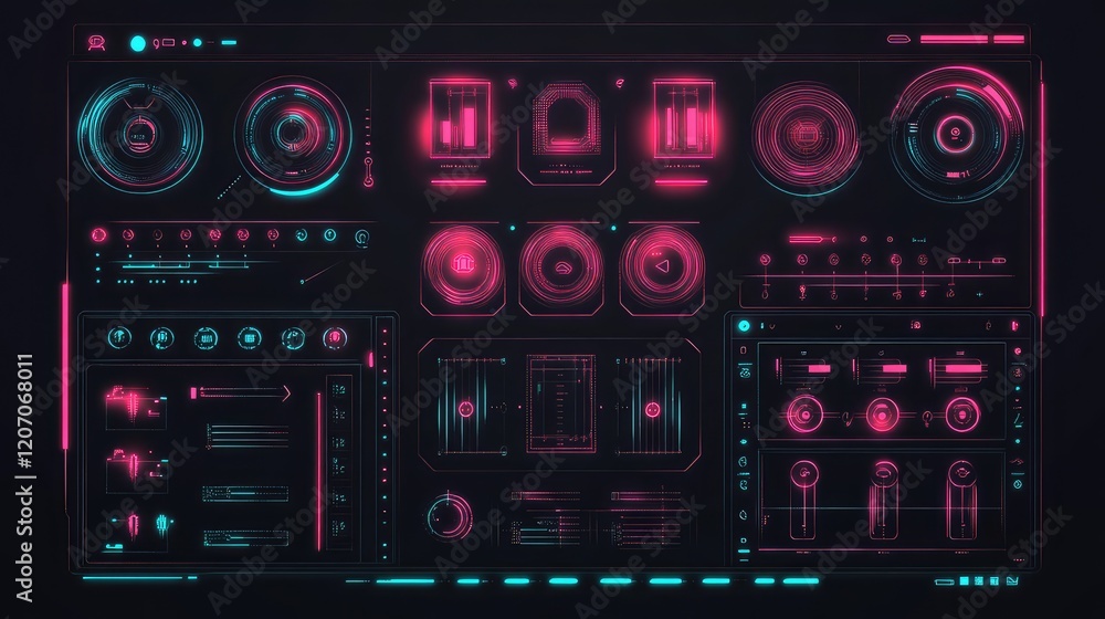 Poster futuristic glowing interface with automation icons, control nodes, and dynamic light trails on a dar