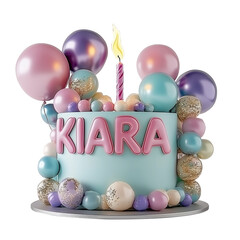3D Transparent Birthday Cake Featuring 'KIARA' Candle with Fire..