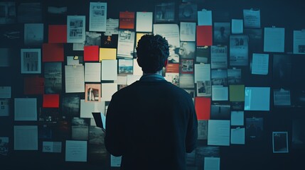 Focused Job Seeker Standing in Front of a Job Listings Board, Exploring Diverse Opportunities with Concentrated Expression. Career Exploration and Employment Opportunities Concept.
