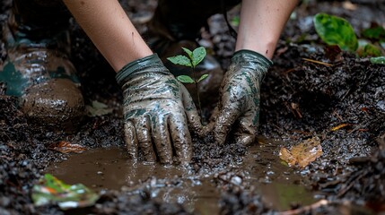 Hands planting a sapling in muddy soil.