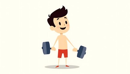 Fototapeta premium Happy Boy Lifting Dumbbells Child Fitness Exercise Cartoon