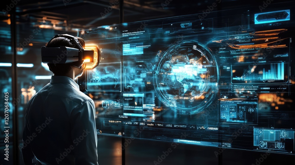 Poster futuristic holographic display with glowing text morphing into vivid image outputs, dynamic data wav